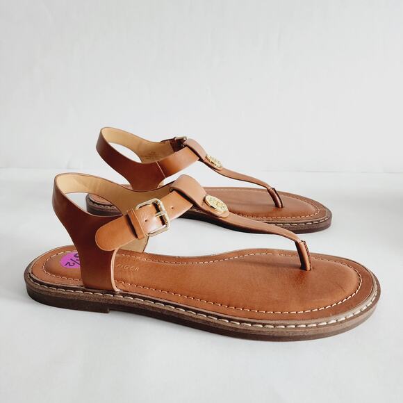 Tommy Hilfiger Tan Faux Leather Sandals Flats Gold Logo & Adjustable Strap 8.5 - Picture 1 of 6